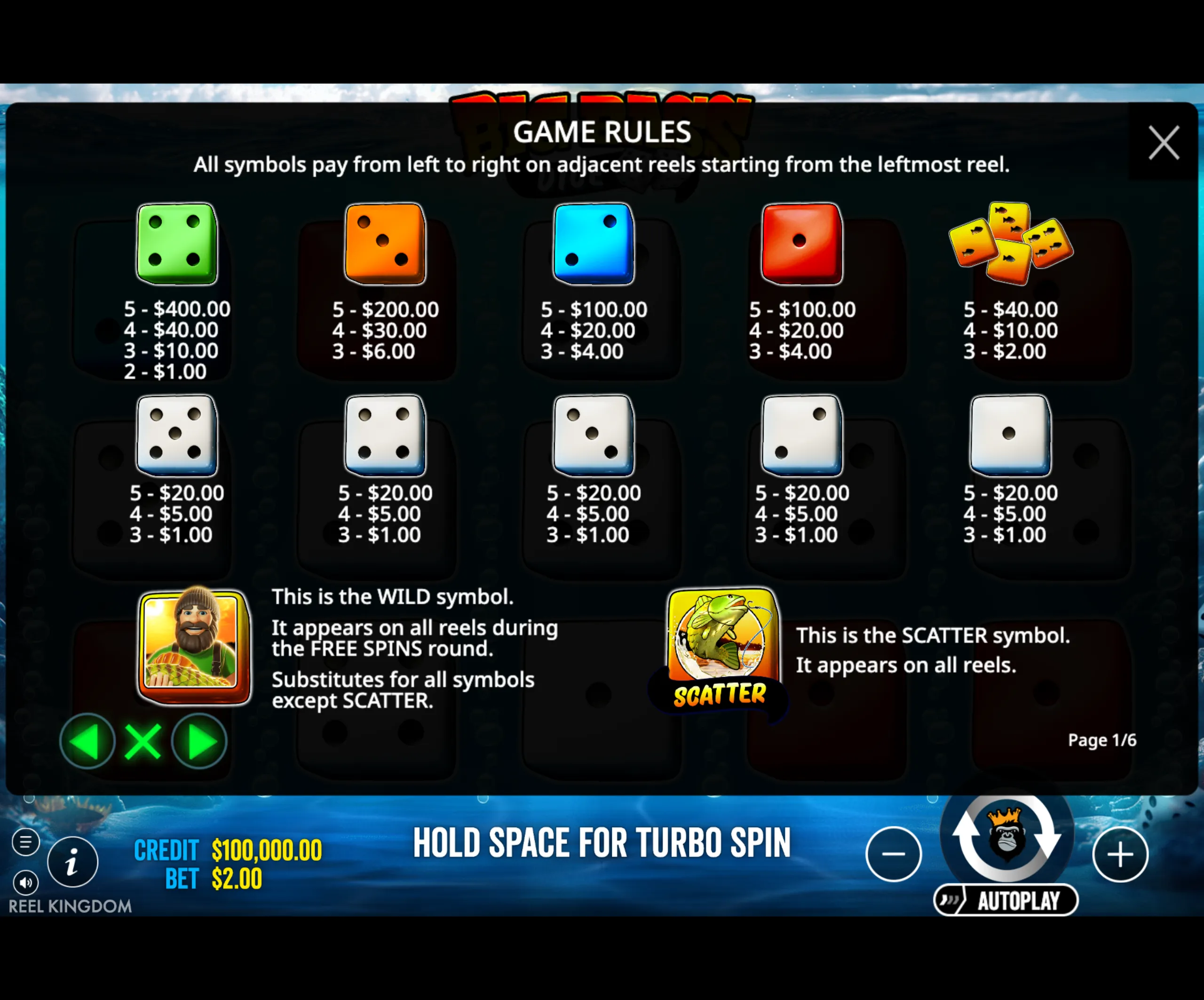 Big Bass Dice slot game payout table showing colorful dice symbols with their respective payout amounts and explanations of the wild and scatter symbols.