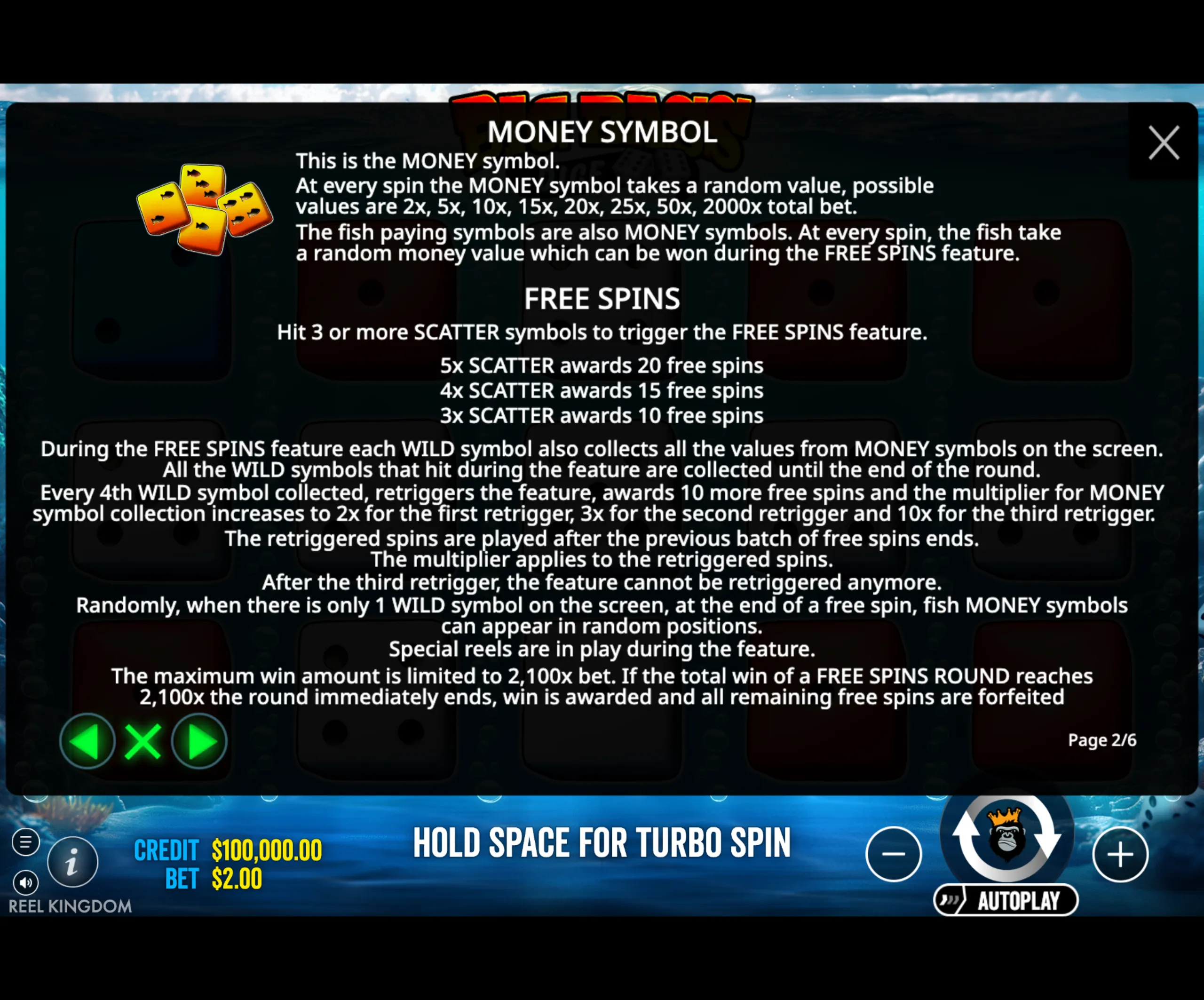 Big Bass Dice slot game instructions detailing the MONEY symbol values, free spins triggers, and feature retriggers with multipliers.