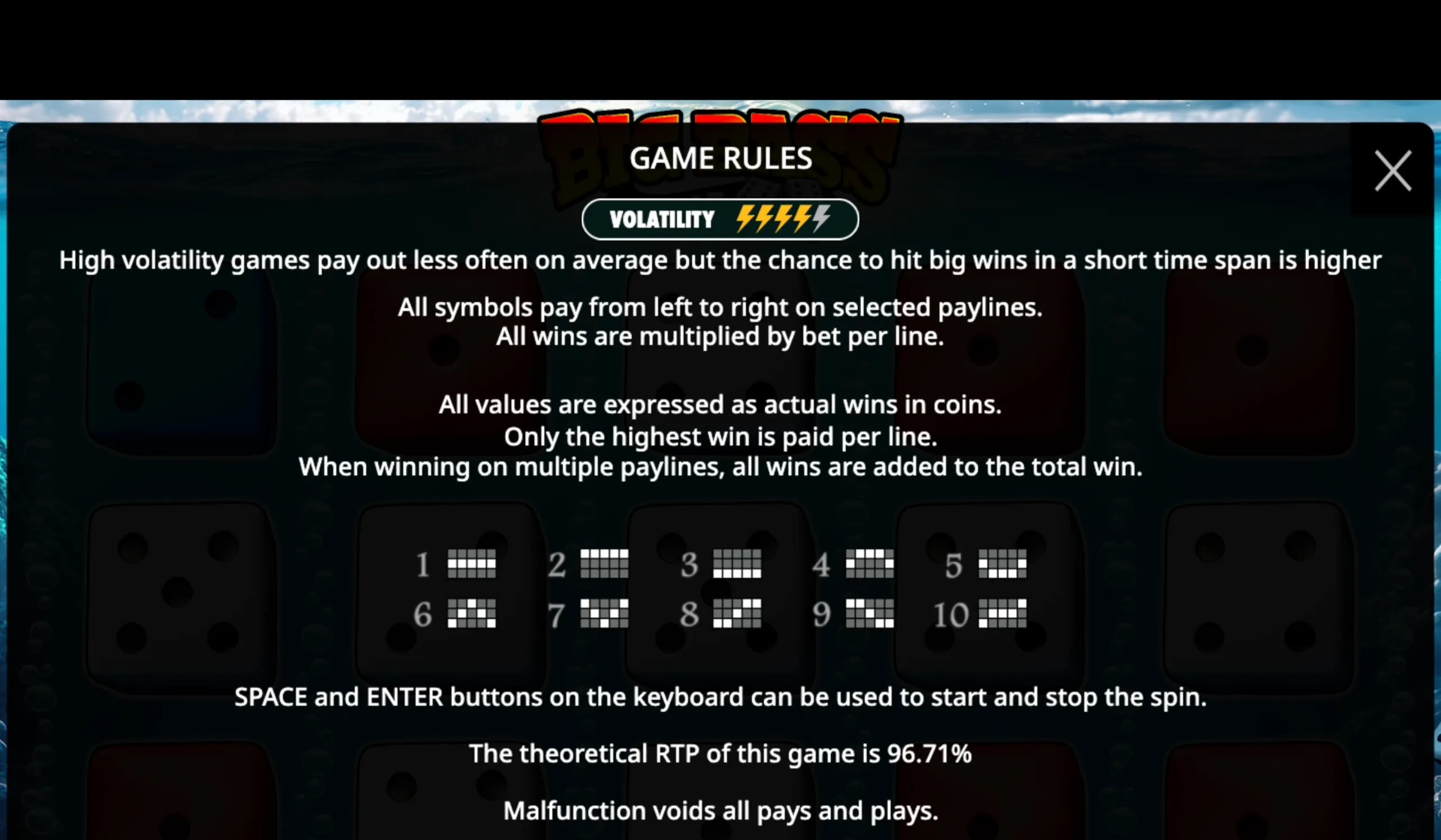 Big Bass Dice slot game rules screen detailing volatility, paylines, and payout information with dice symbols in the background.