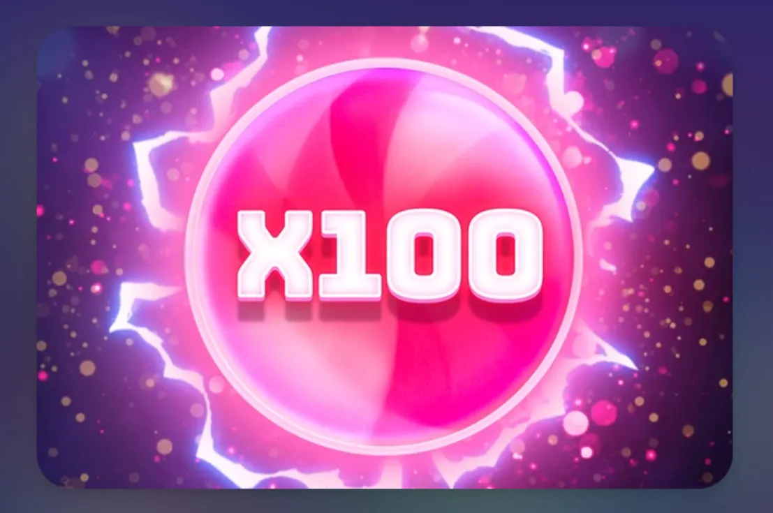 A glowing pink orb marked x100 bursts with white energy against a sparkling purple and magenta background.