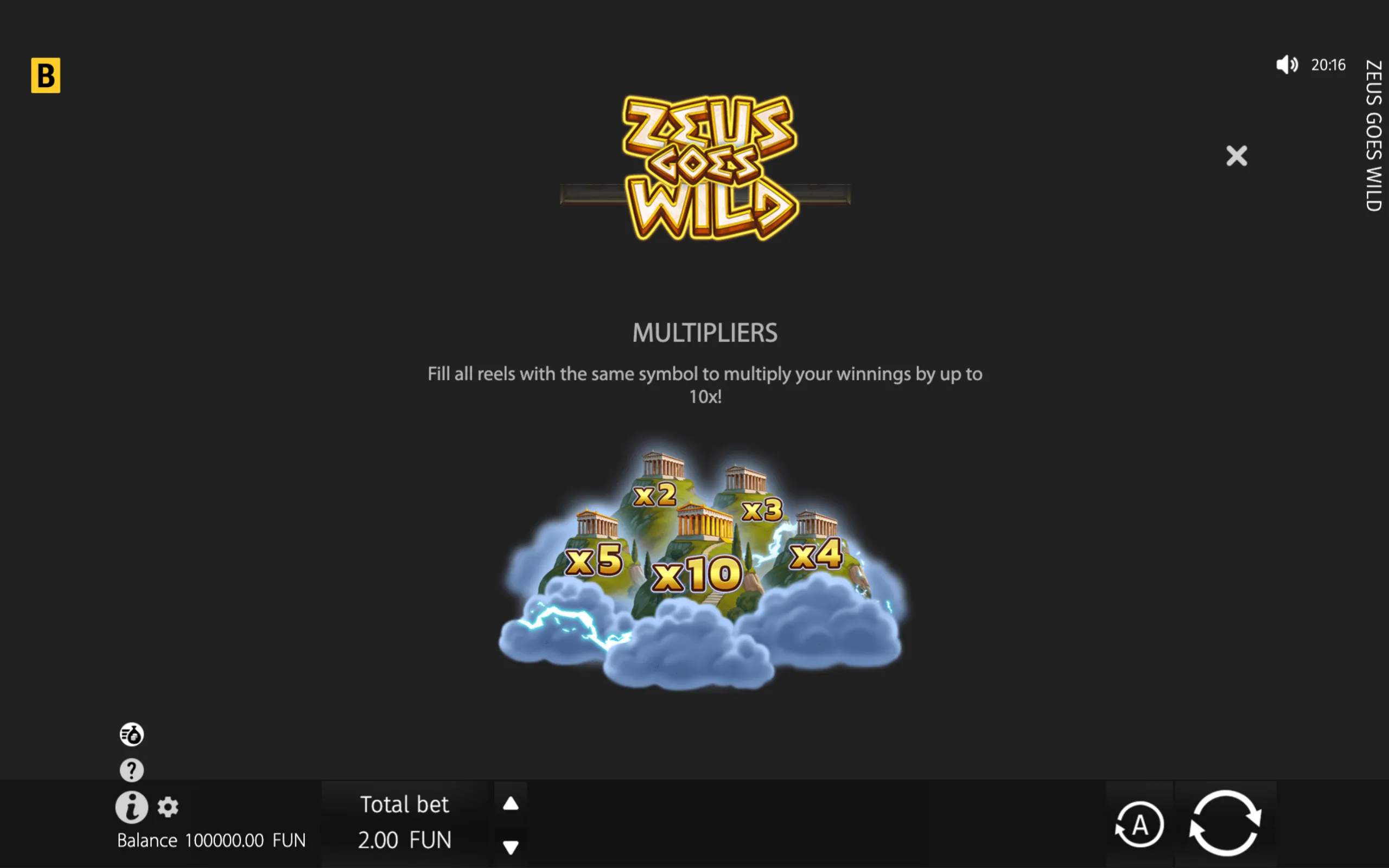 Zeus Goes Wild slot feature panel with a glowing Greek temple landscape above storm clouds, displaying x2, x3, x4, x5, and x10 multiplier values.