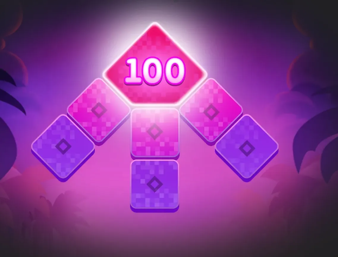 Abstract Arrow Slot design with glowing pink and purple diamond tiles arranged like an arrow, centered around a prominent 100 symbol against a mystical backdrop.