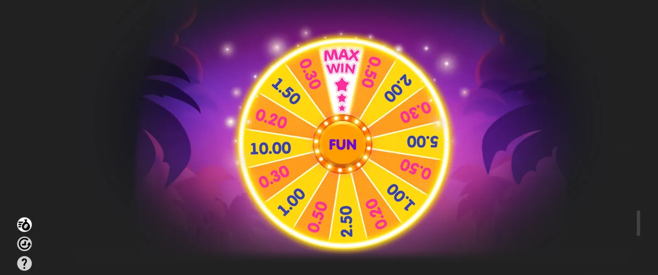 A glowing orange-and-yellow prize wheel labeled FUN displays values from 0.20 to 10.00 and a MAX WIN three-star segment against a purple fantasy backdrop.