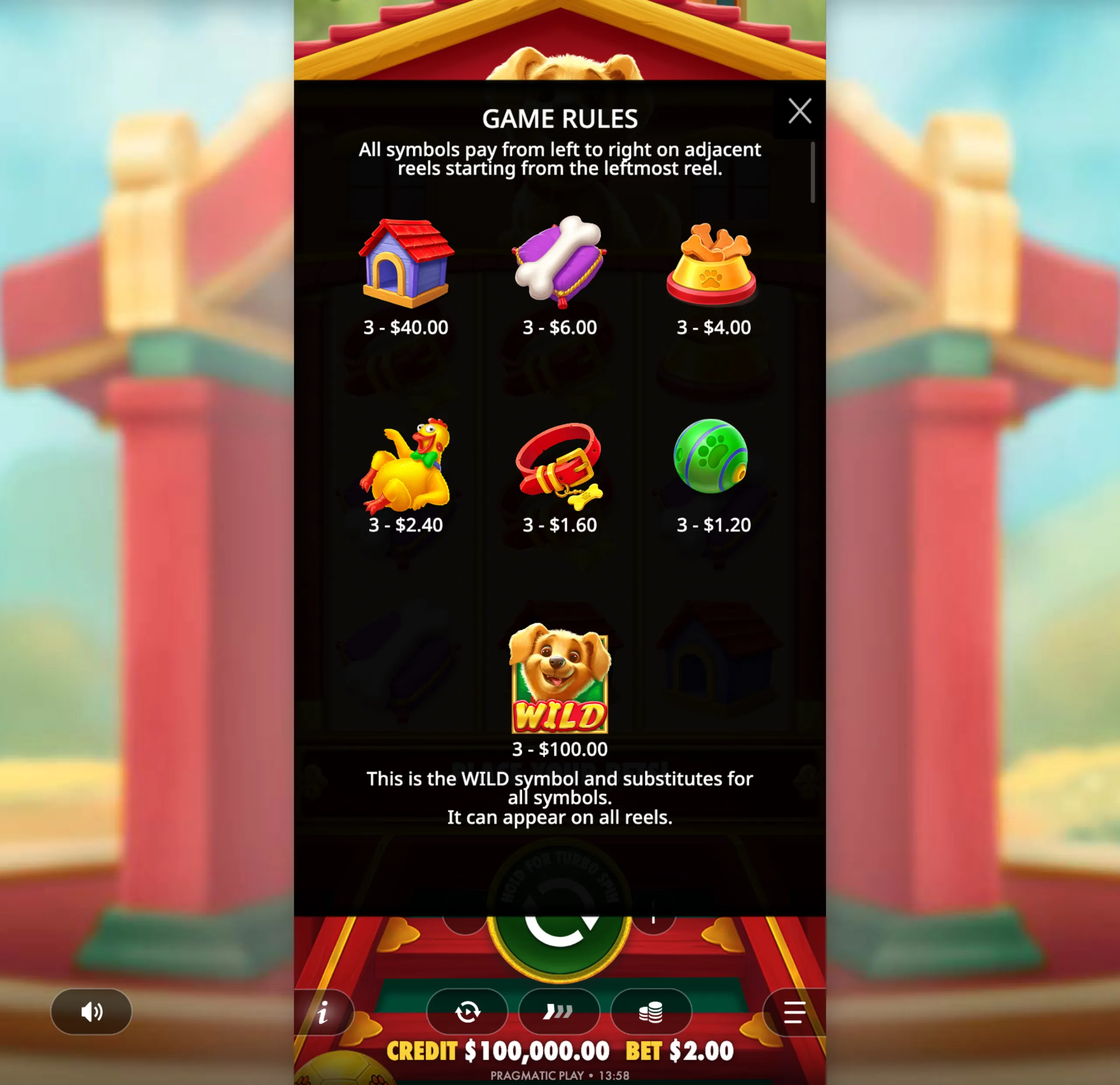 Lucky Dog slot game paytable displaying colorful pet-themed symbols like a doghouse, bones, dog collar, and a wild dog symbol with their respective payouts.