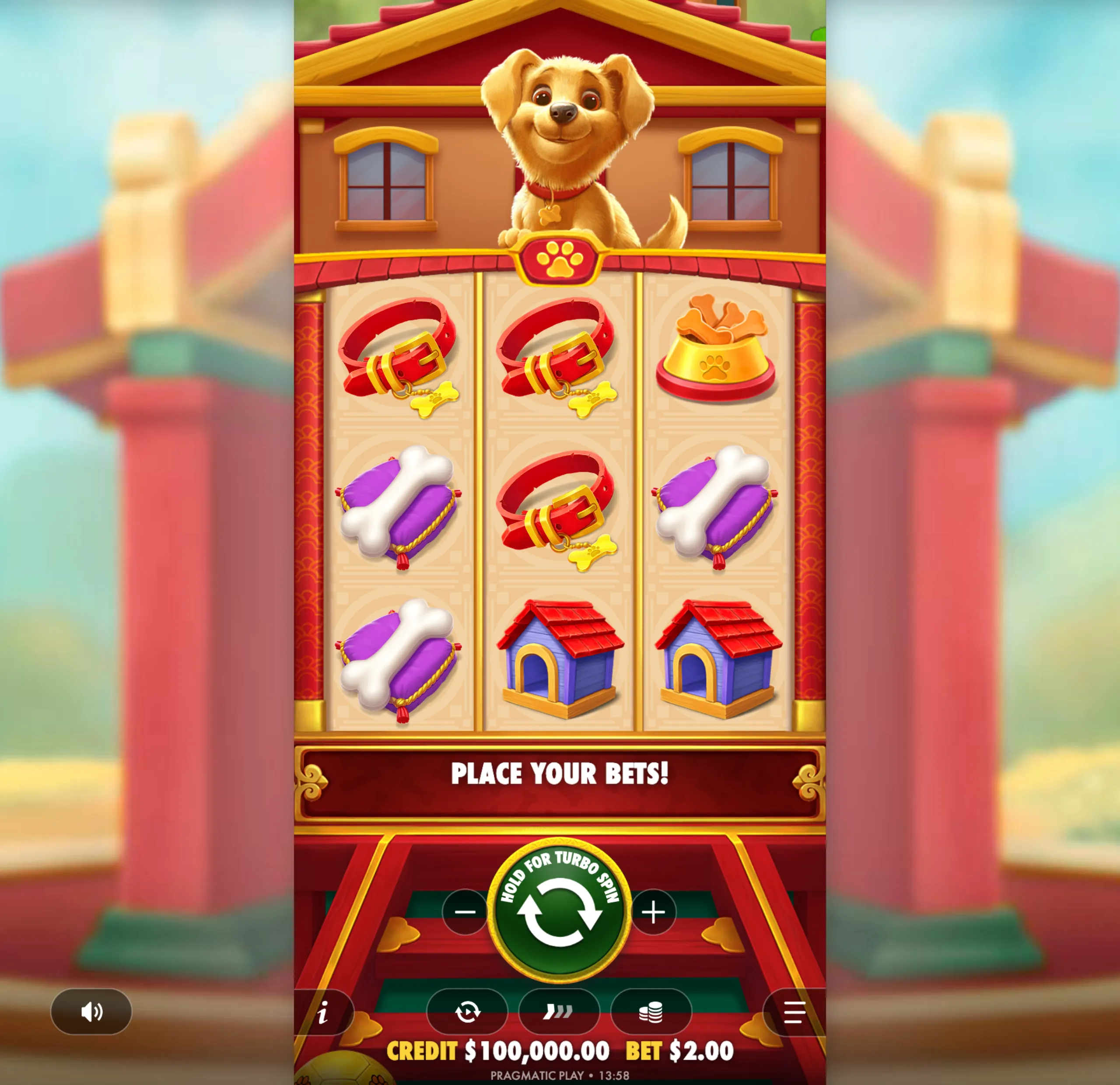 A cheerful slot game interface featuring a smiling cartoon dog above reels with dog collars, bones on cushions, dog bowls, and dog houses as symbols.