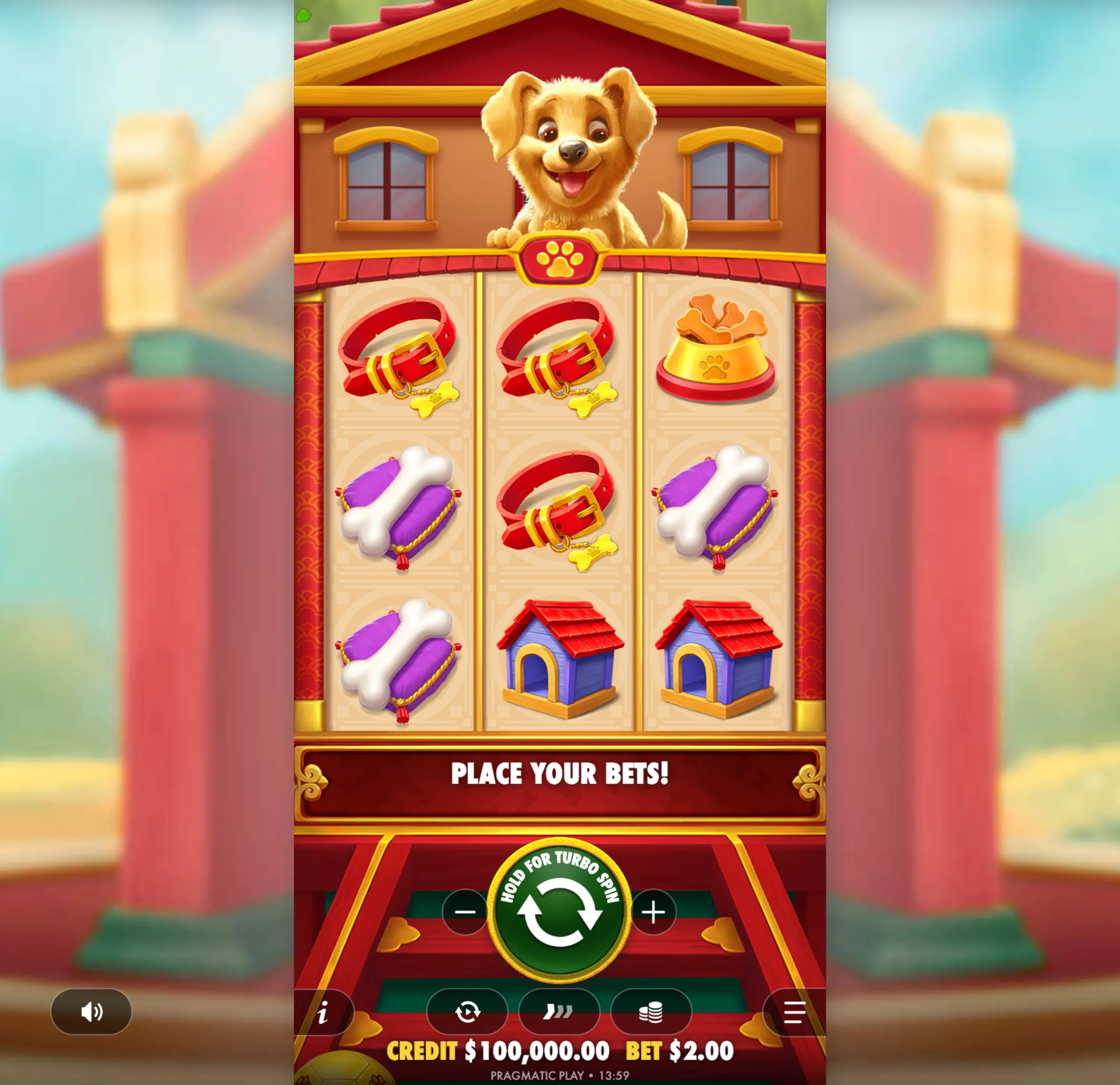 A cheerful golden dog with a wagging tail appears above a slot machine featuring symbols like red collars, dog bones on purple cushions, dog houses, and a bowl of dog biscuits.