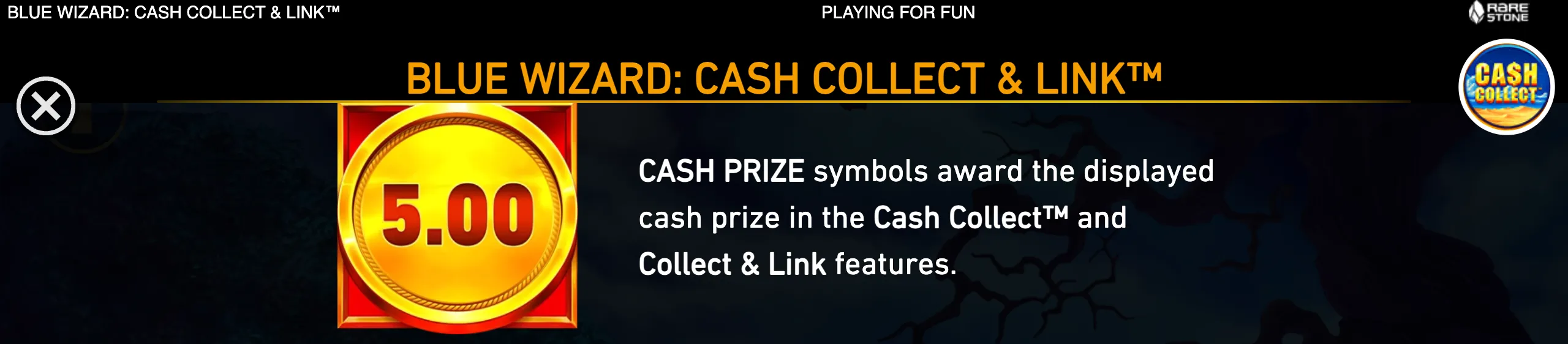 Blue Wizard: Cash Collect & Link slot preview featuring a glowing gold 5.00 cash prize coin against a dark magical backdrop.