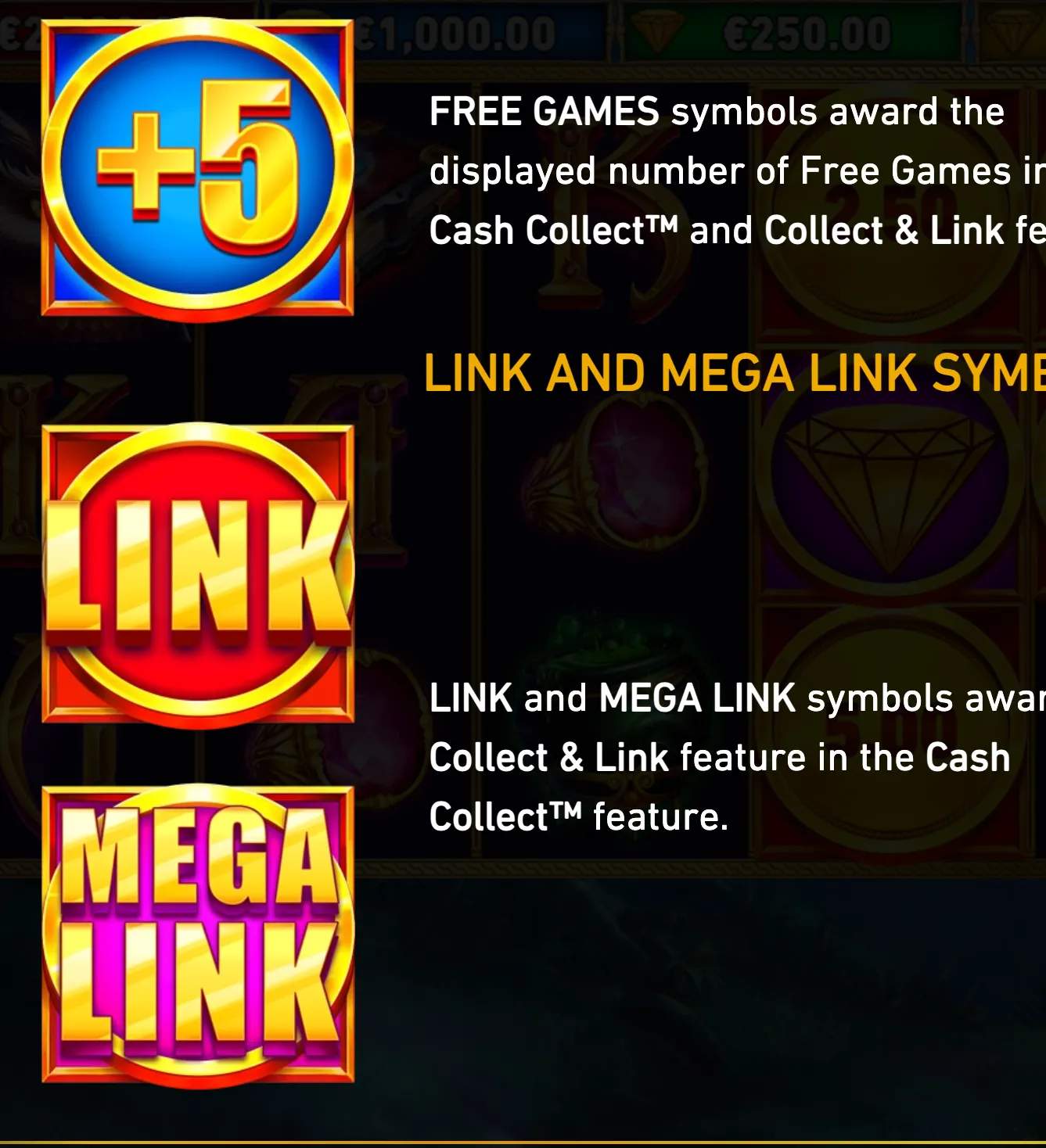 Blue Wizard Cash Collect & Link feature guide displaying colorful +5 Free Games, Link, and Mega Link symbols over a dark slot-machine backdrop.