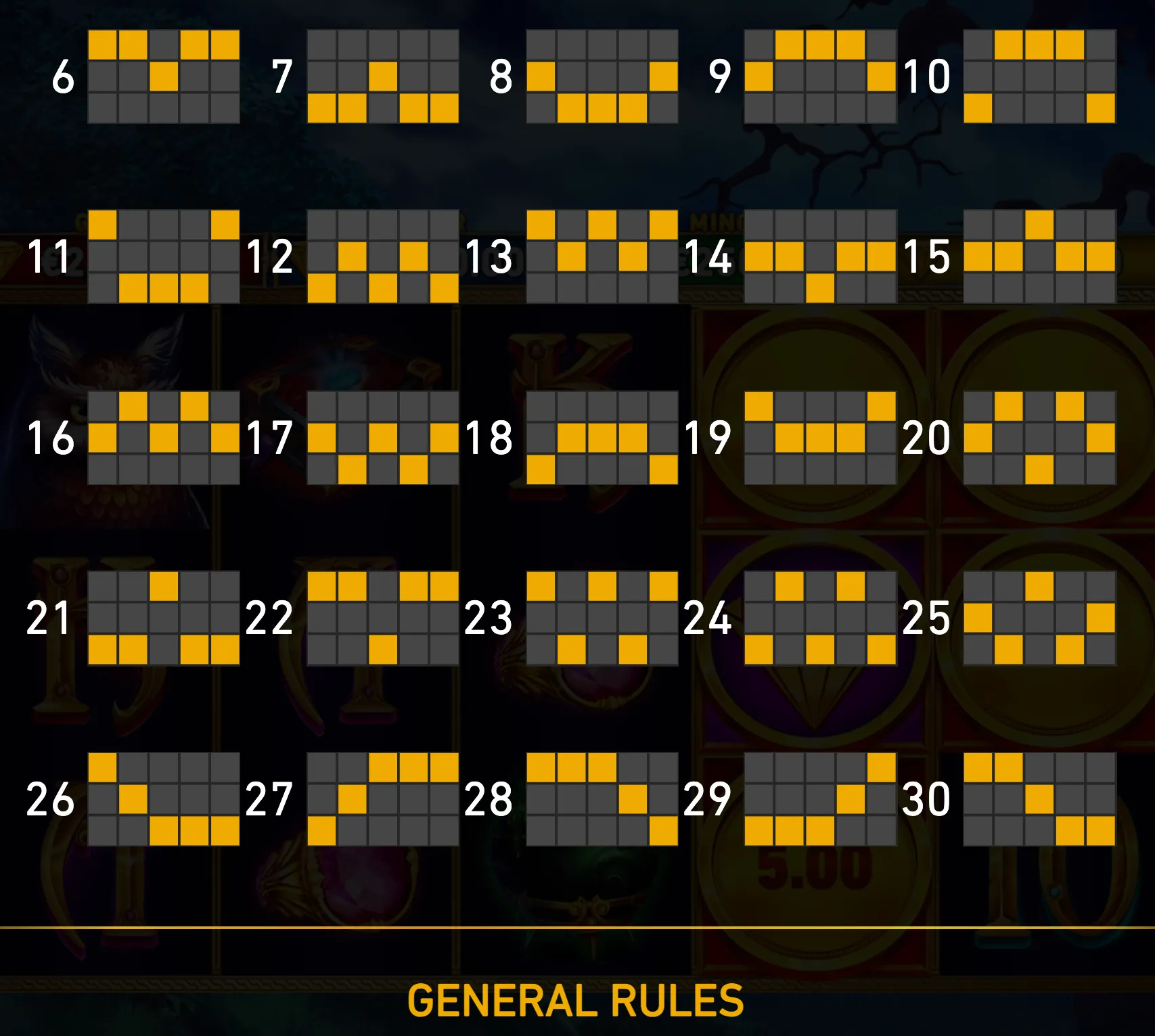 General Rules graphic for Blue Wizard Cash Collect & Link featuring 25 numbered three-row, five-column grid patterns with yellow highlighted positions over a dark fantasy slot backdrop.