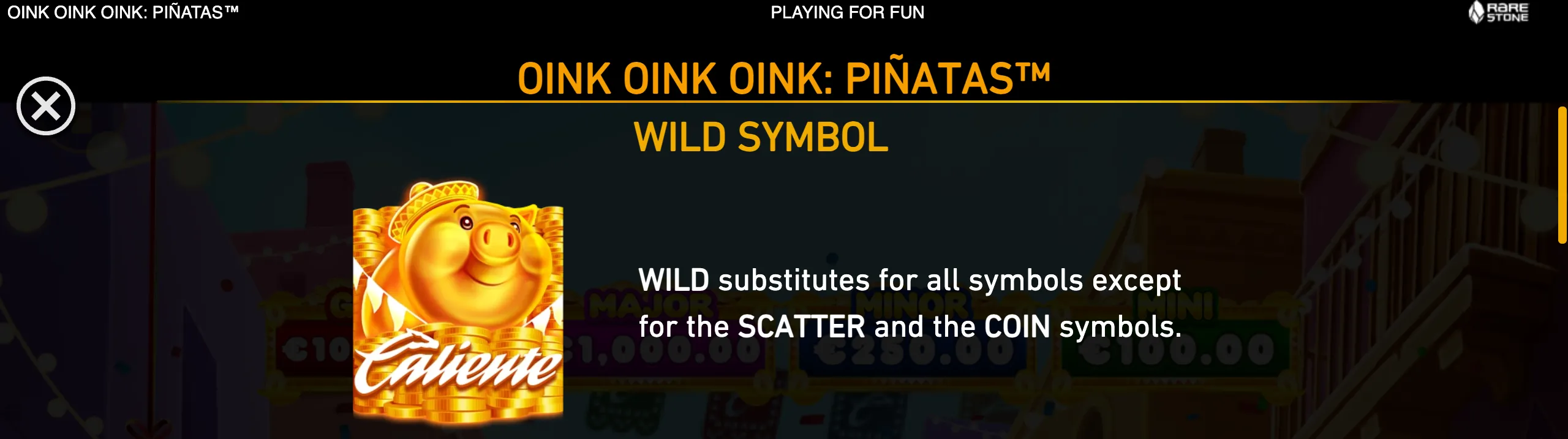 A golden sombrero-wearing pig labeled Caliente appears beside text explaining the Wild symbol in Oink Oink Oink: Piñatas.