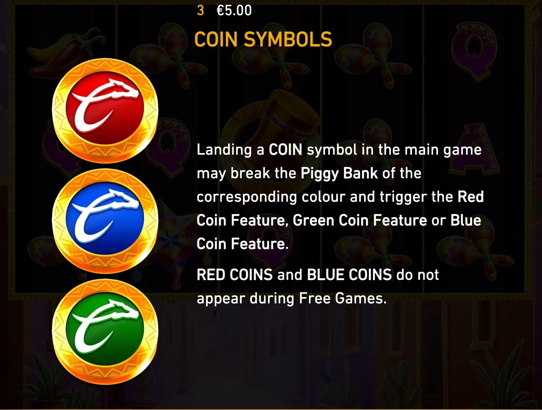 Instructional slot feature panel for Oink Oink Oink: Pinatas, featuring red, blue, and green horse-emblem coin symbols over a darkened pinata-themed reel backdrop.