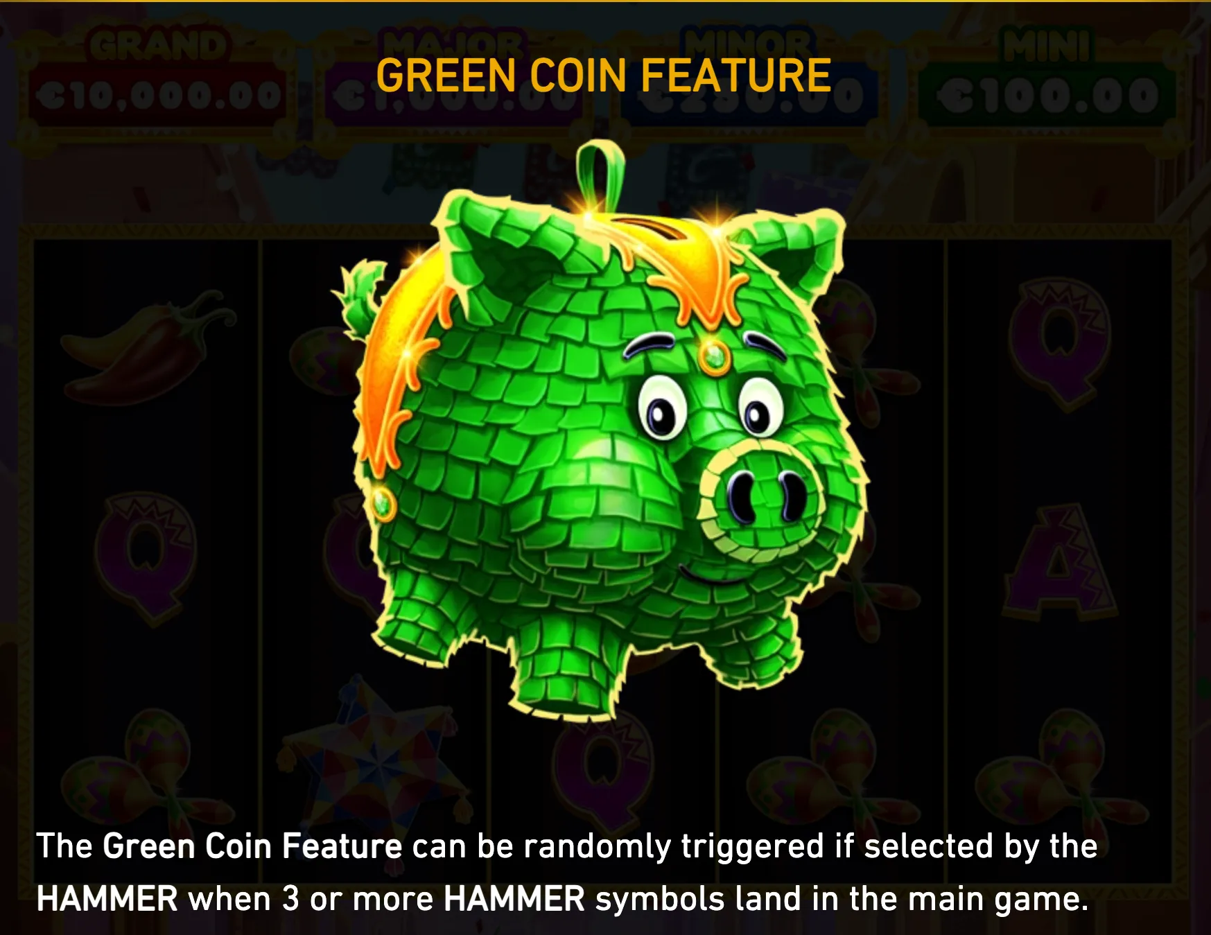 A cheerful green pig-shaped piñata with golden trim appears over a dark slot interface, beneath the heading “Green Coin Feature.”