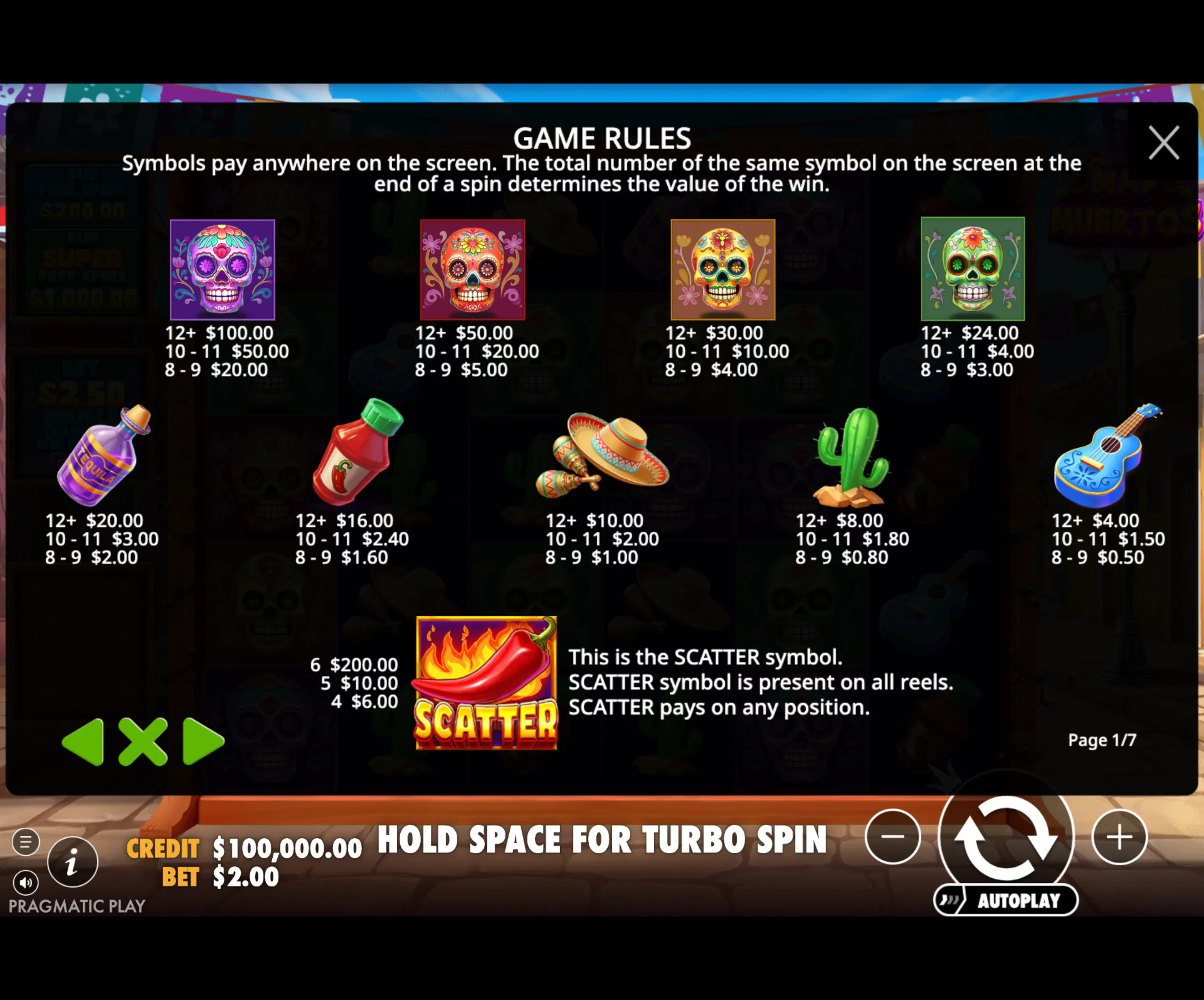 Game rules and symbol payout values for Mad Muertos slot featuring colorful sugar skulls, festive items like sombrero, cactus, and guitar, and a fiery chili scatter symbol.