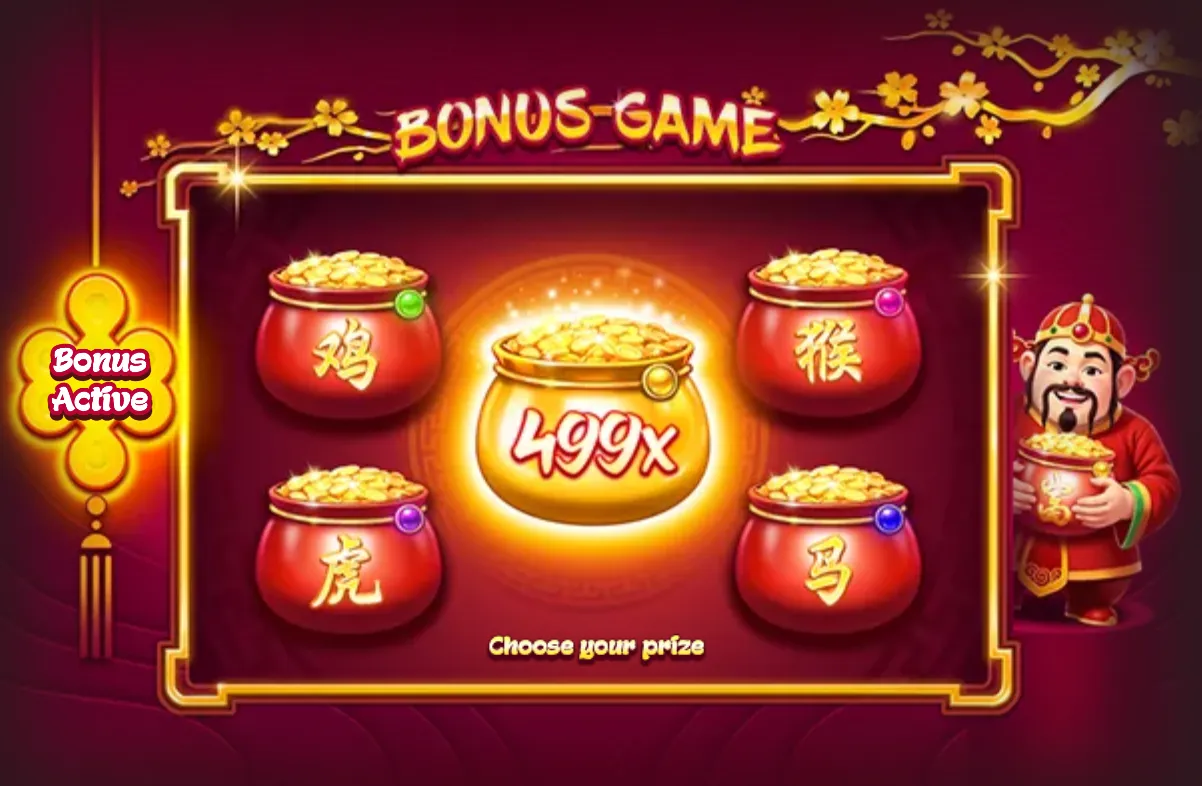 Lucky Lu bonus-game artwork featuring four red and gold coin pots, a glowing central 499x pot, and a smiling Chinese prosperity deity.