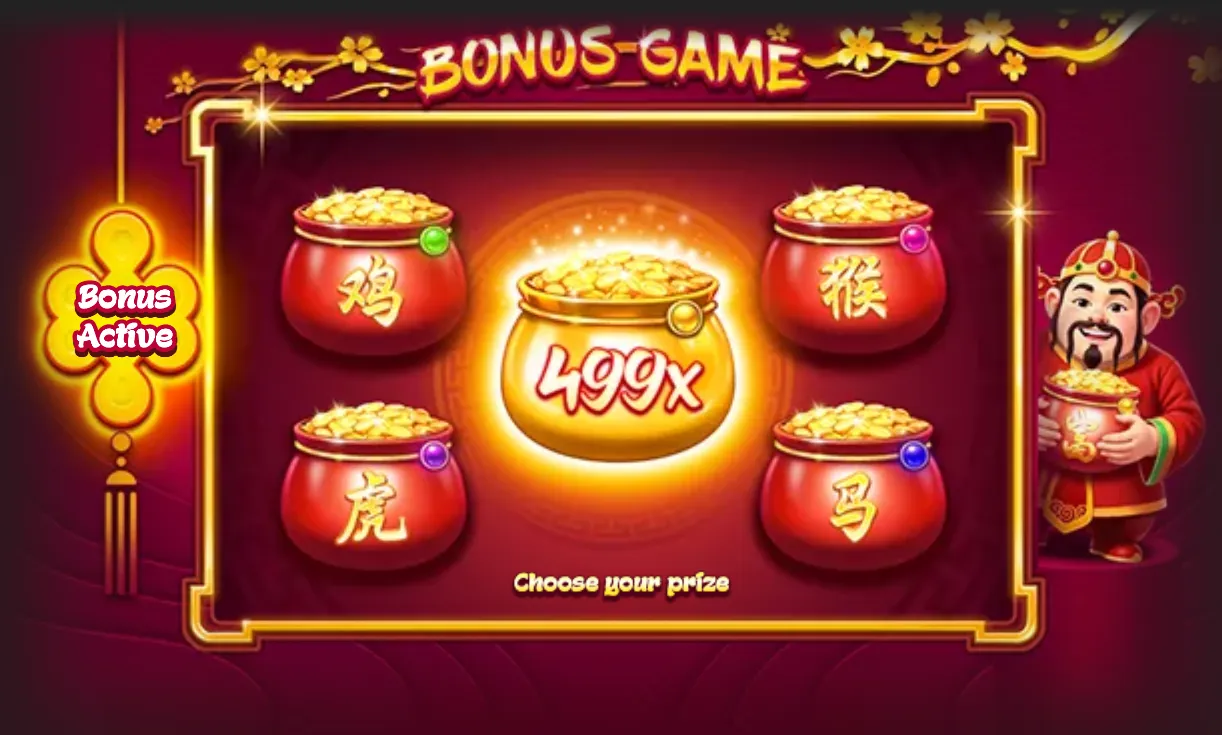 Lucky Lu bonus game with four red, gold-filled Chinese zodiac pots, a glowing central 499x pot, and a smiling traditional Chinese wealth figure.