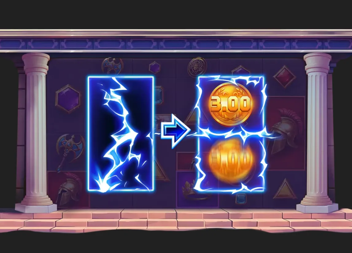 Greek temple-themed slot reel with a lightning symbol transforming into glowing coin-value tiles, including a visible 3.00 prize.