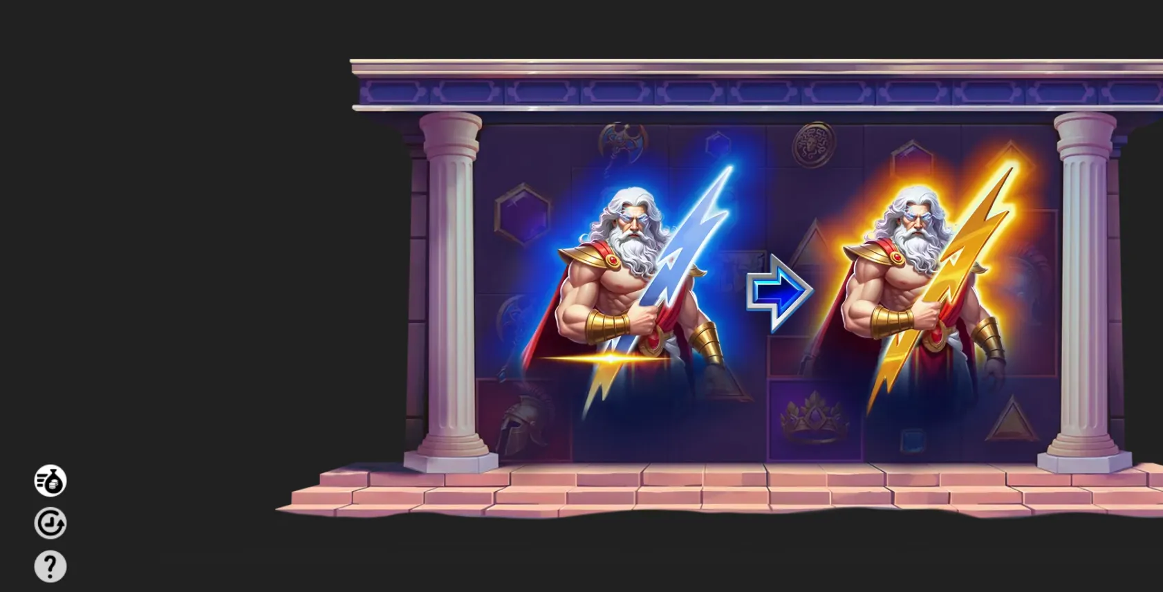 Stylized Zeus figures wield blue and golden lightning bolts inside a classical Greek temple, with an arrow indicating a visual progression between the two forms.