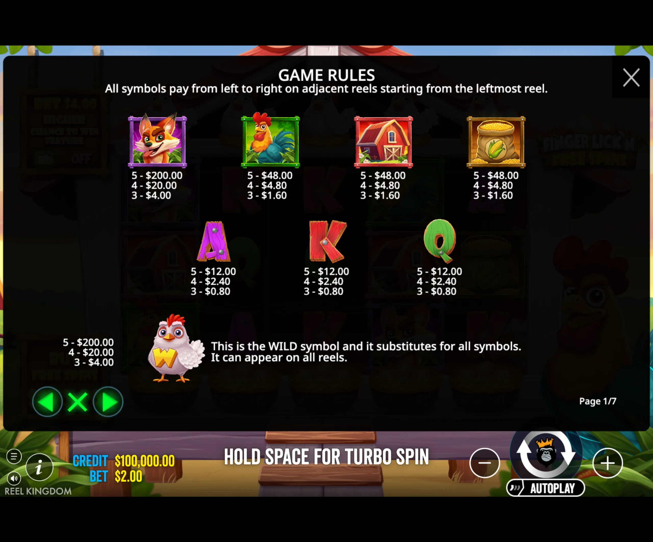 Farm-themed slot game paytable showing animal and farm symbols with their payout values and wild symbol explanation.