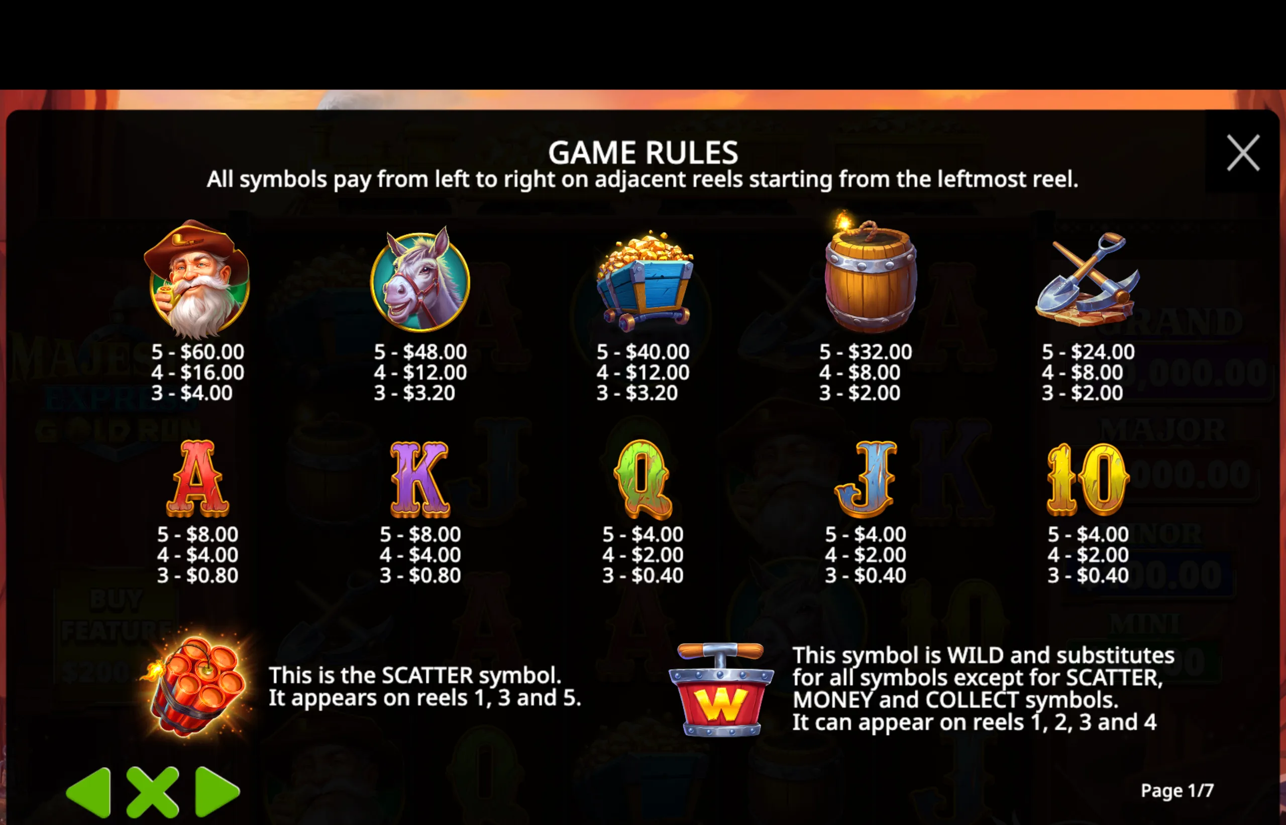 Paytable of Majestic Express - Gold Run slot showing mining-themed symbols including a prospector, mule, gold cart, barrel, and tools with their respective payouts.