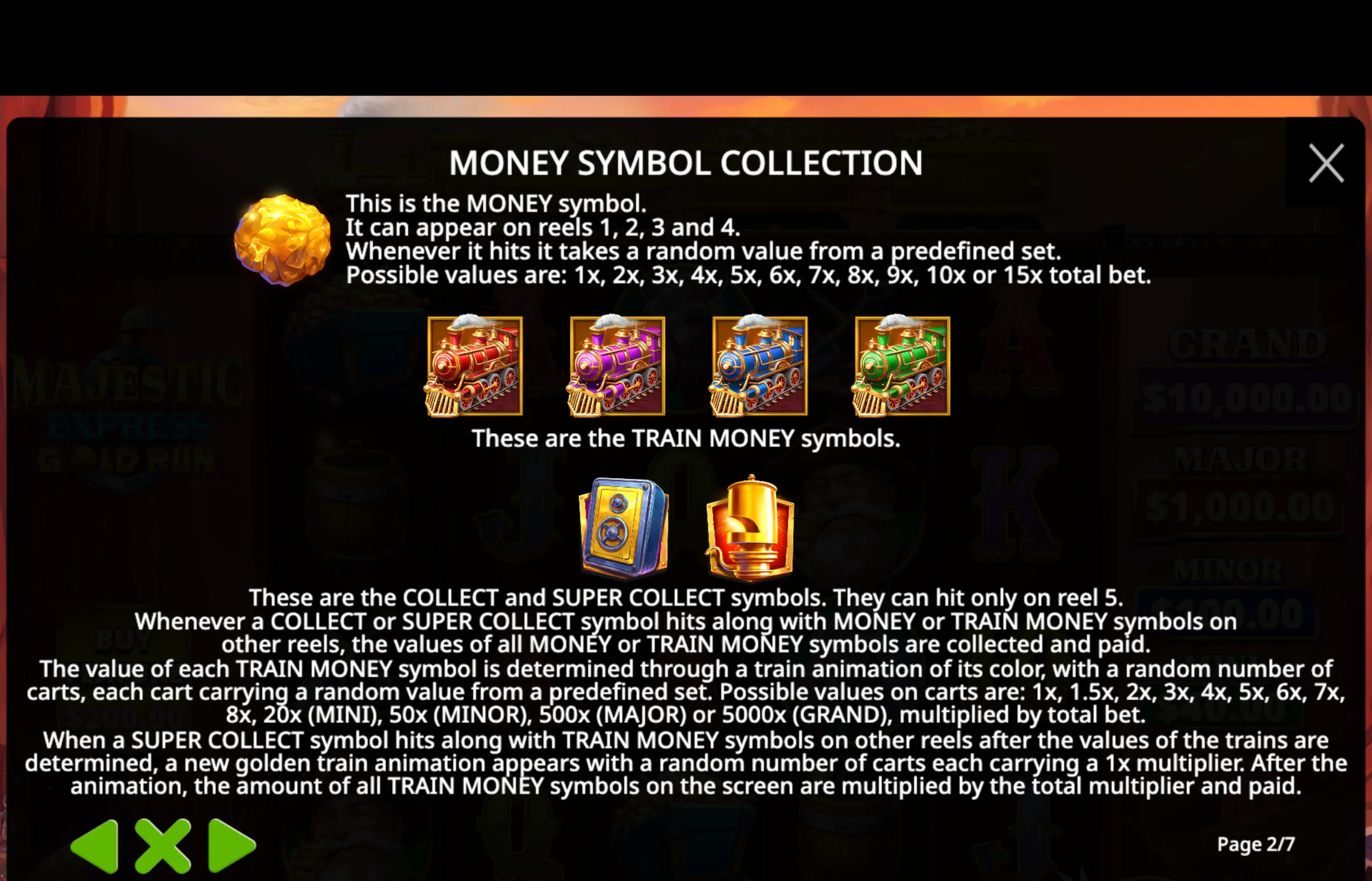 Instructional overview of the MONEY symbol collection in Majestic Express - Gold Run, detailing the appearance, values, and collection mechanics of money and train money symbols.