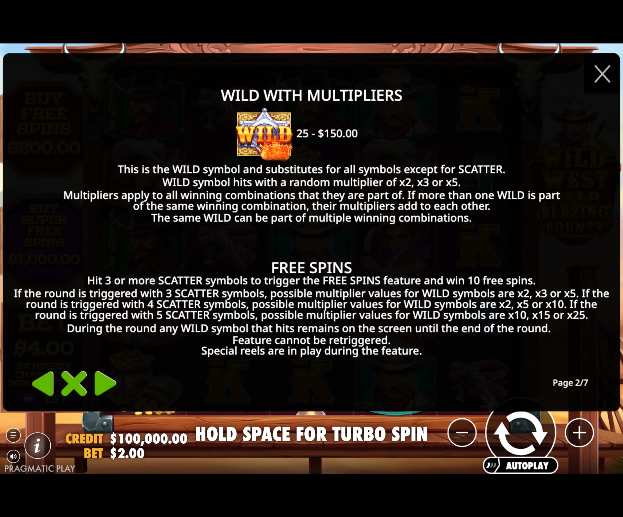 Wild West Gold Blazing Bounty slot game instructions screen explaining wild symbol multipliers and free spins feature with payout details.