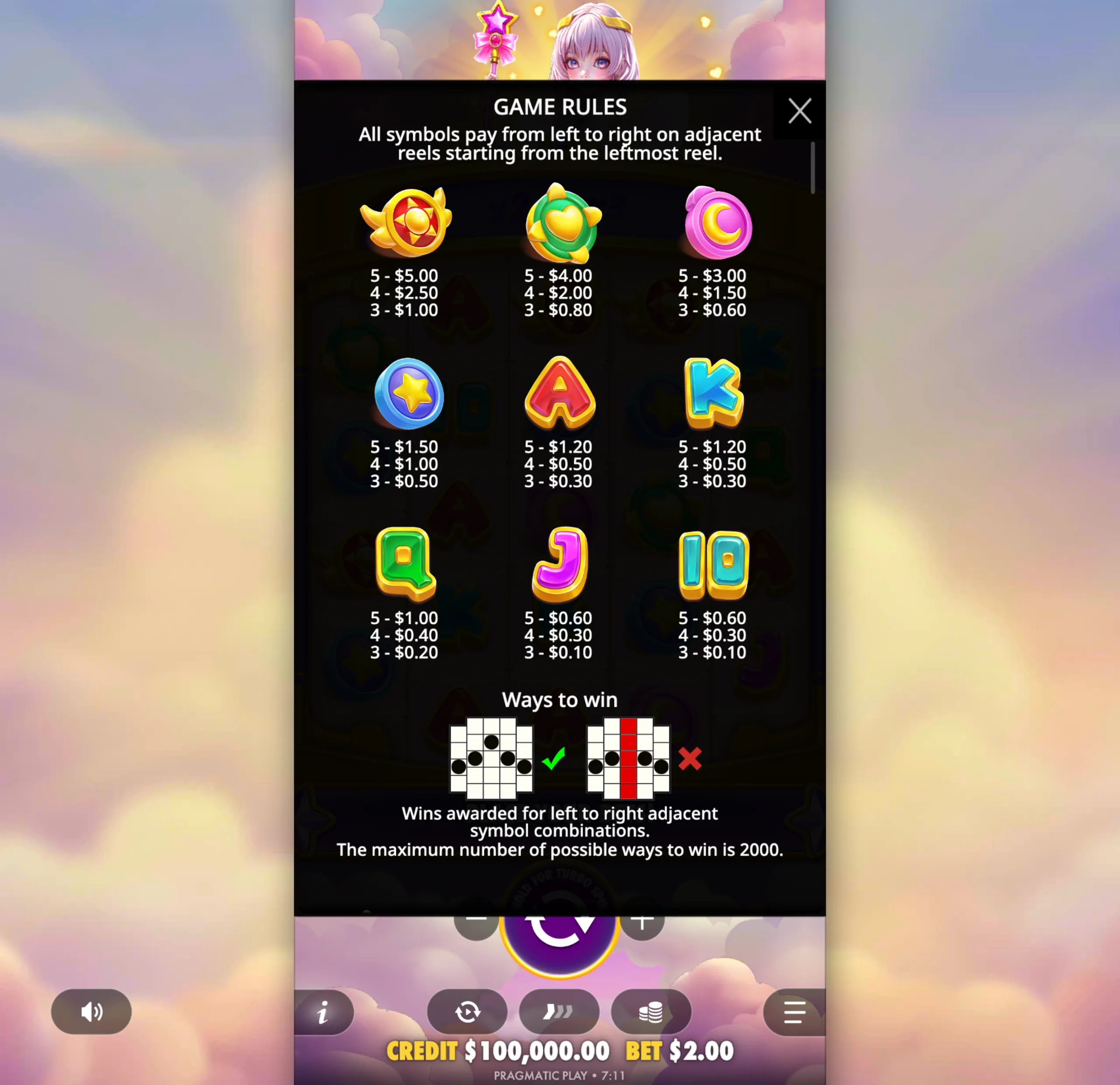Brightly colored magical symbols and letters with corresponding payout values displayed on a dark panel, featuring a pastel sky background and a character holding a star wand.