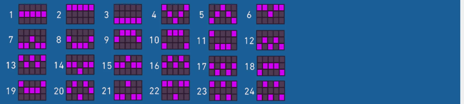 A blue payline diagram for Magnificent Eagle: Collect'Em displays 24 numbered 3-row, 5-column grid patterns with magenta cells marking each path.