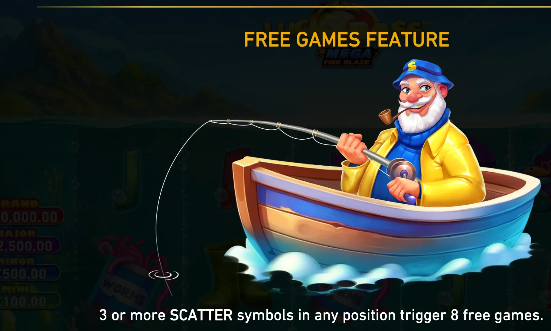 Cartoon fisherman in a yellow jacket steers a boat while casting a line across dark mountain waters, with text announcing the free games feature.