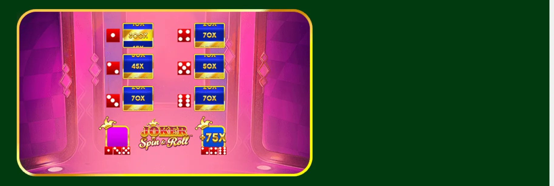 Joker Spin & Roll slot bonus display with red dice, blue-and-gold multiplier cards, and a pink-purple casino backdrop.