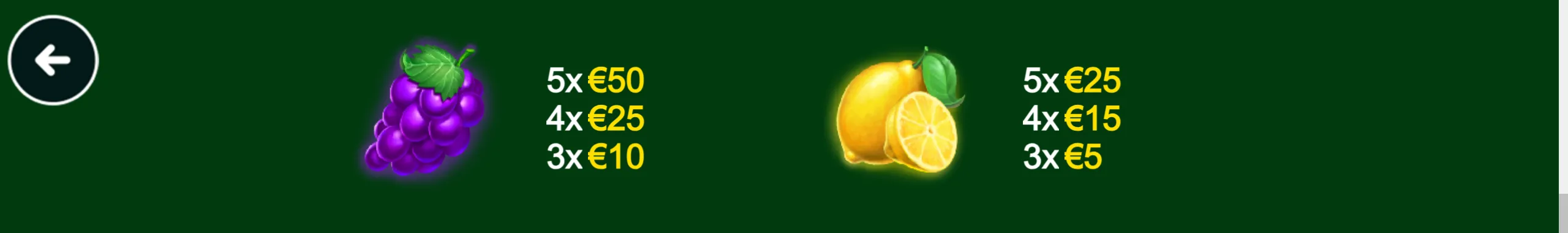Joker Spin & Roll payout panel with glowing purple grapes and yellow lemons against a dark green backdrop, listing euro rewards for three, four, or five matching symbols.