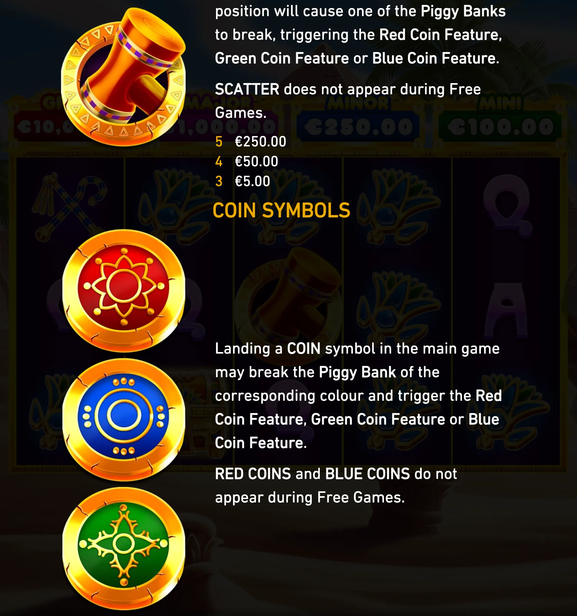 An Egyptian-themed slot interface displays a golden cannon-like Piggy Bank symbol alongside red, blue, and green coin symbols, with instructional text about coin features and payouts.