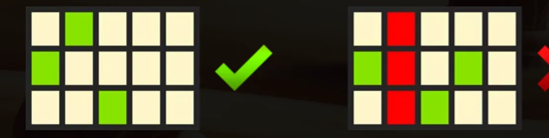 Two 3-by-5 grids of cream, green, and red tiles appear against a dark backdrop, with a bright green check mark between them and partial red error marks at the right edge.