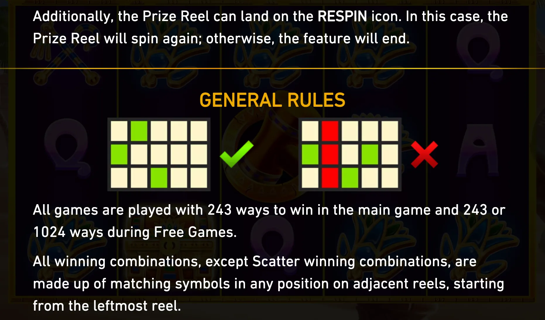General Rules panel for Oink Oink Oink: Pharaohs, featuring green-check and red-cross reel diagrams over a dark Egyptian-themed slot interface.