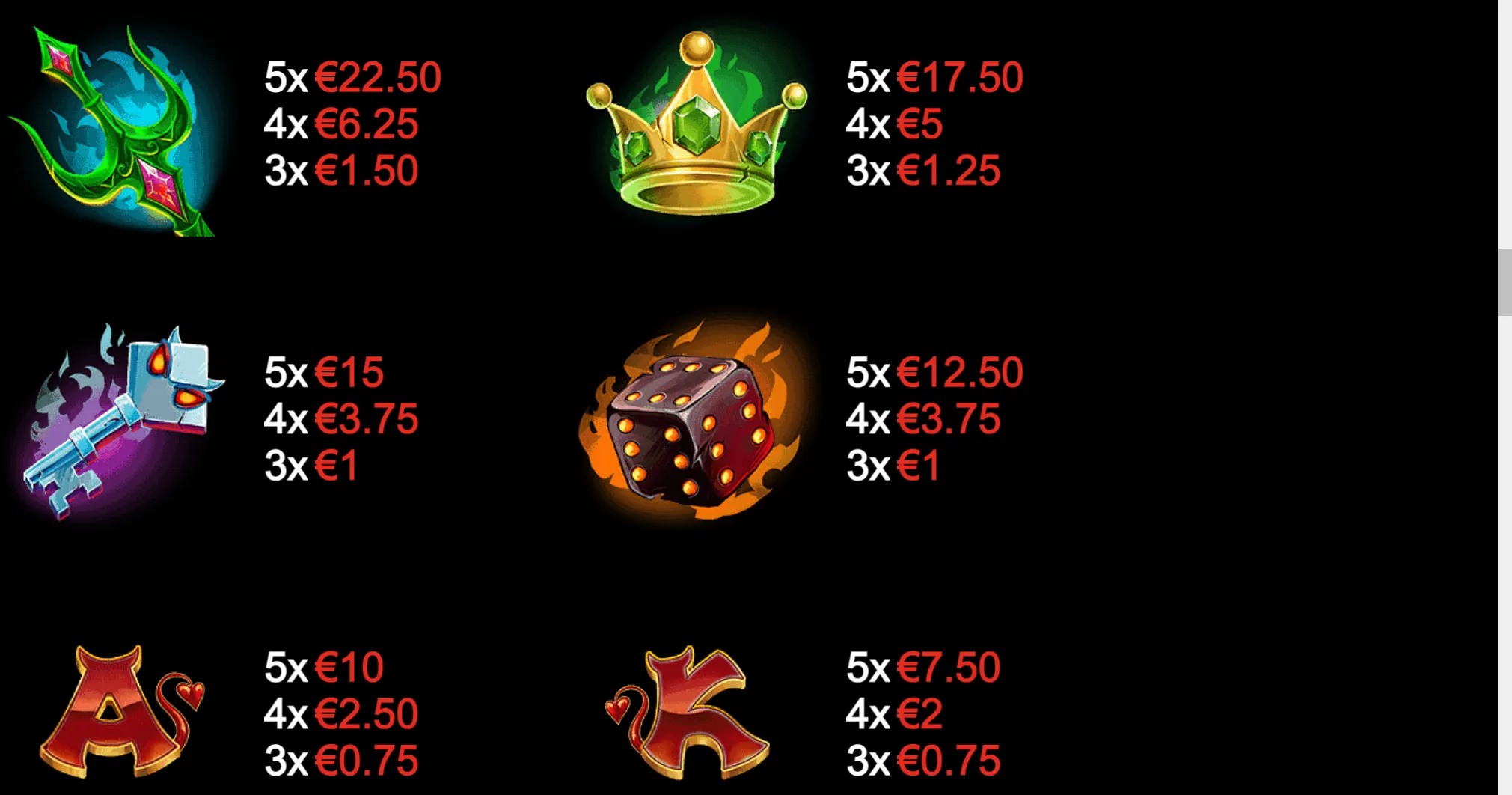 Gold Trio: Lil' Demon symbol paytable featuring a green trident, jeweled crown, robotic key, flaming die, and red card symbols with euro payouts.