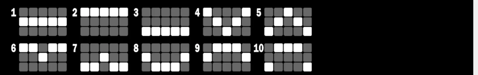 Black reference graphic featuring ten numbered 3×5 reel-grid diagrams with white and gray squares marking different line patterns.