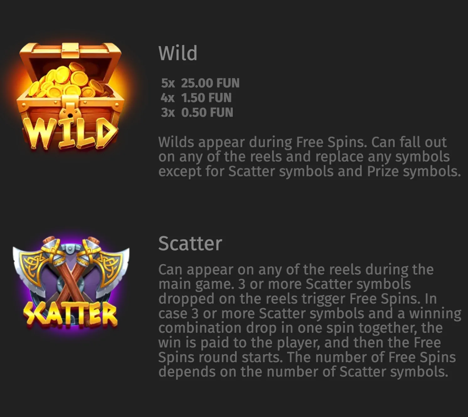 Loki Loot slot symbol guide featuring a glowing gold treasure chest Wild symbol and crossed Viking axes Scatter symbol with Free Spins rules.