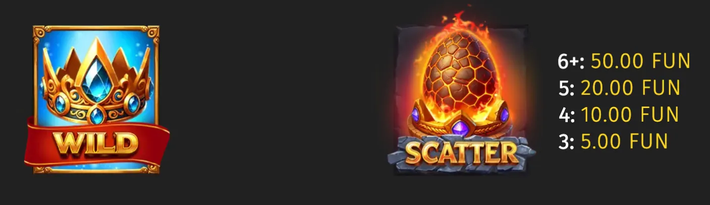 Dragon Queen Megaways symbols featuring a jeweled crown Wild and a flaming dragon egg Scatter, alongside rewards from 5.00 to 50.00 FUN.