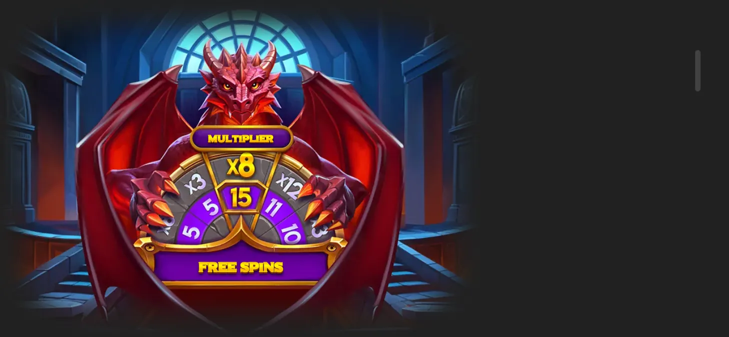 A fierce red dragon queen stands in a dark fantasy chamber behind a purple-and-gold Free Spins multiplier wheel displaying values including x3, x8 and x12.