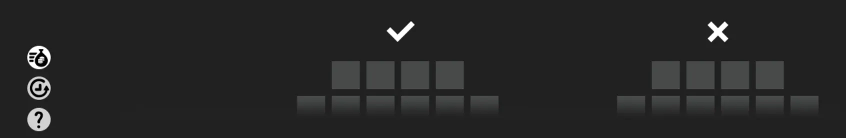Dark slot-game interface with white checkmark and X controls, grey reel-like blocks, and circular utility icons along the left side.