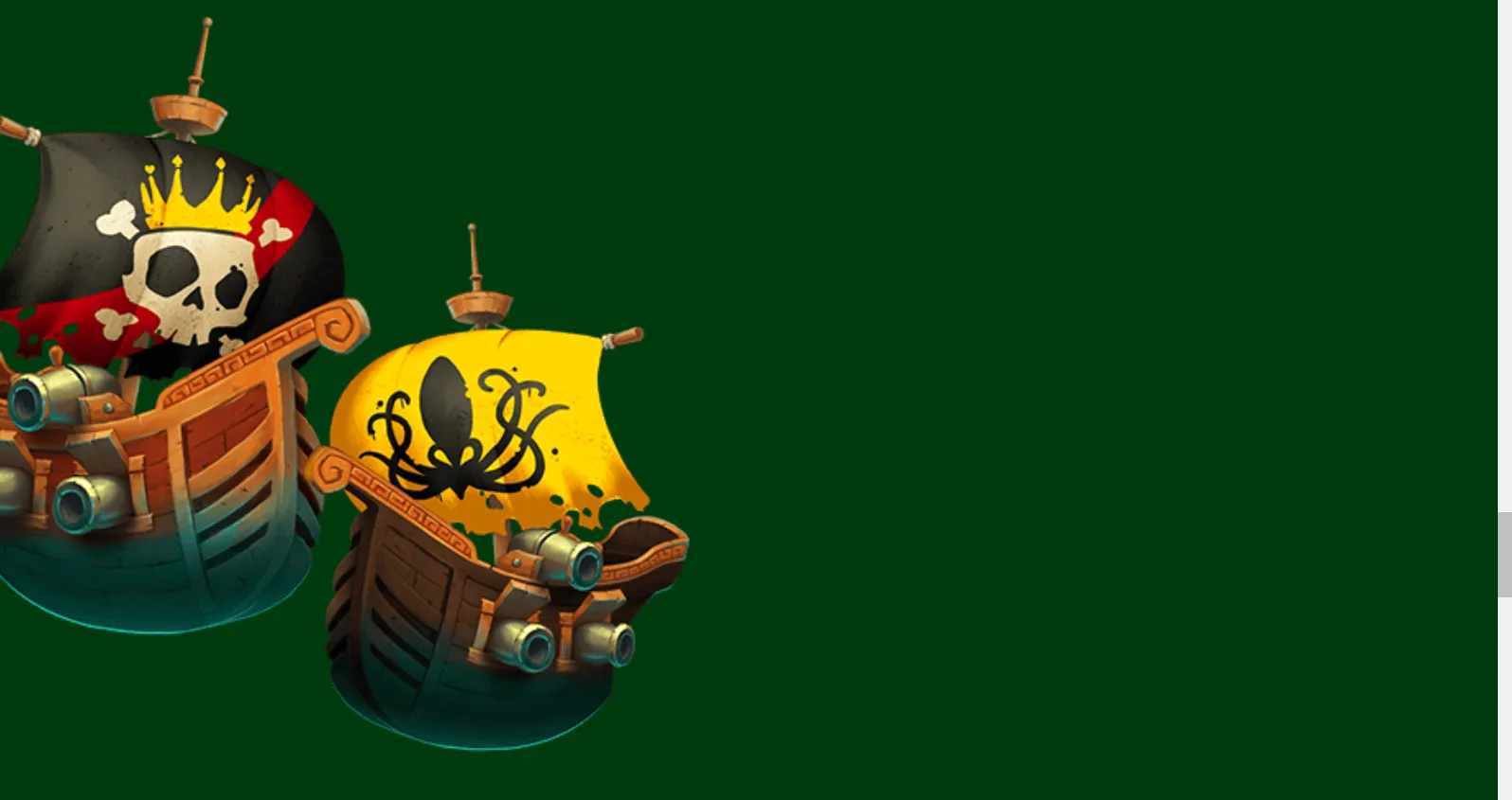 Cartoon pirate ships with skull-and-crossbones sails, cannons, and colorful wooden hulls against a dark green backdrop.