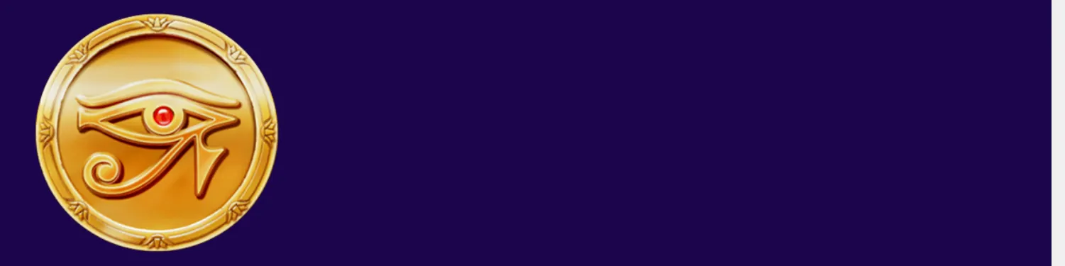 A gold Eye of Horus emblem inside an ornate circular medallion against a deep purple backdrop, representing the Egyptian theme of King's Mystery.