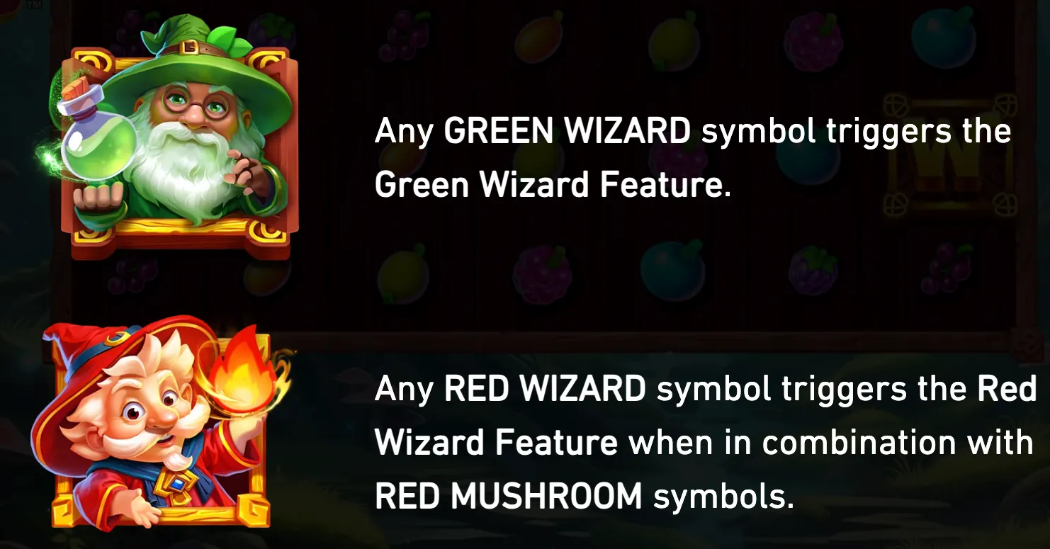 Wizzy Trix feature artwork with a green wizard holding a glowing potion and a red wizard conjuring fire, alongside rules for the Green Wizard and Red Wizard features.