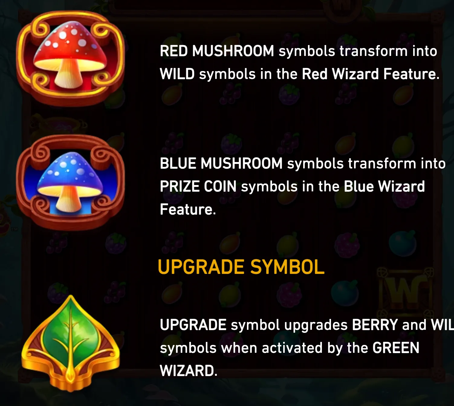 Wizzy Trix feature guide with red and blue spotted mushroom symbols, a green upgrade symbol, and a dark fruit-filled slot backdrop.