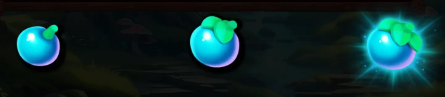 Three glossy blue berry symbols with green leaves appear against a dark fantasy landscape, with the rightmost symbol surrounded by a turquoise glow.