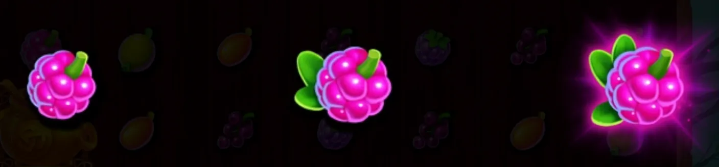 Wizzy Trix slot reels featuring bright pink raspberry symbols among dimmed fruit icons, with the rightmost raspberry glowing against a dark backdrop.