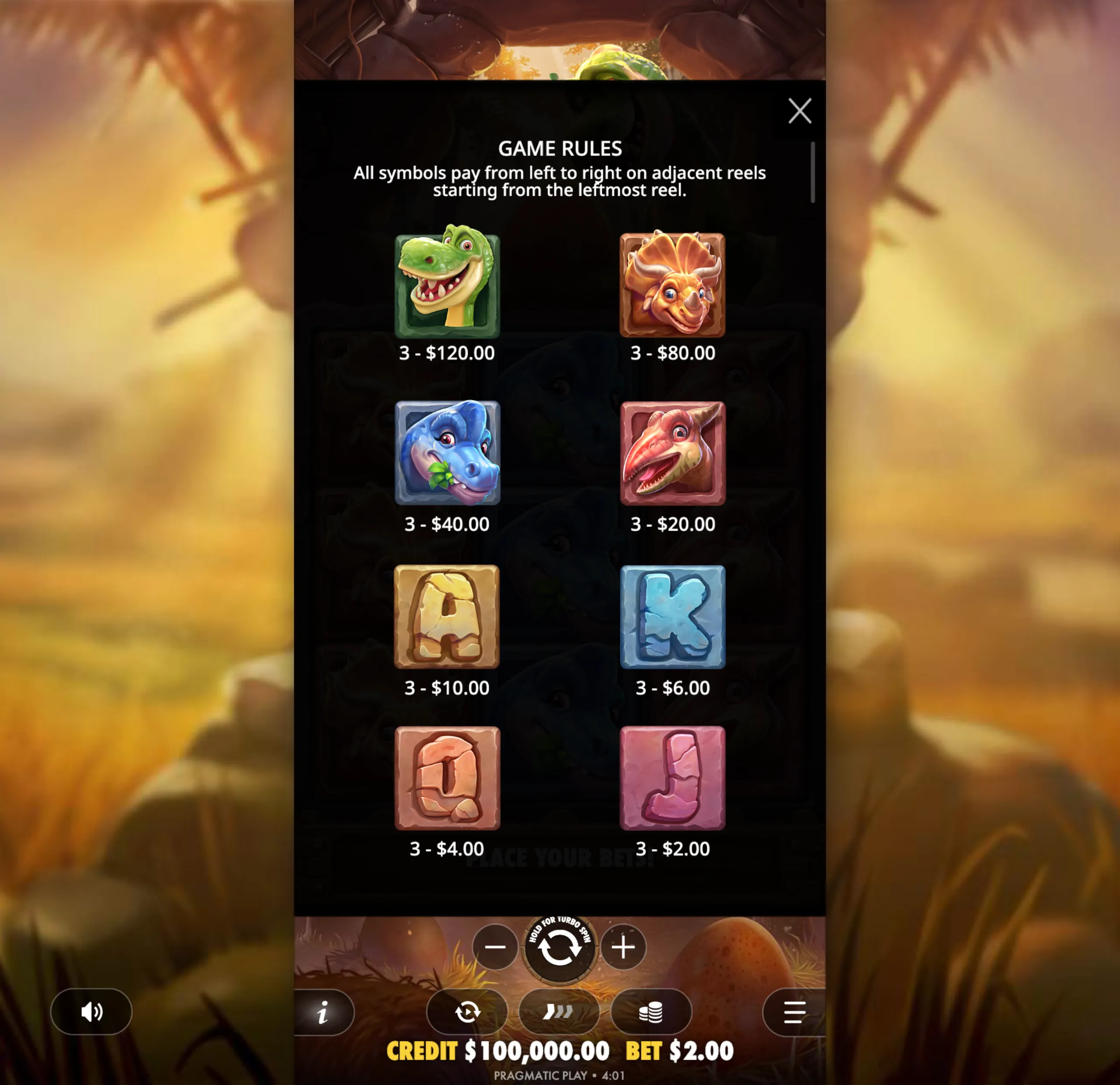 Dino Drop slot game paytable with colorful dinosaur character symbols and stone-style letter icons, displaying payout values for three matching symbols.