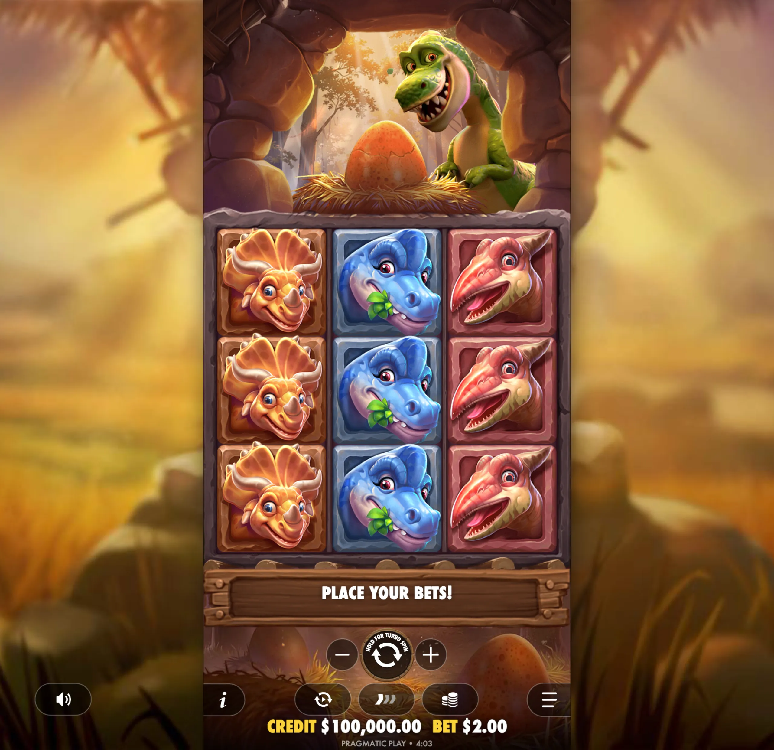 A dinosaur-themed slot game interface featuring cartoonish dinosaur symbols and a large dinosaur egg in a nest, set in a prehistoric forest.