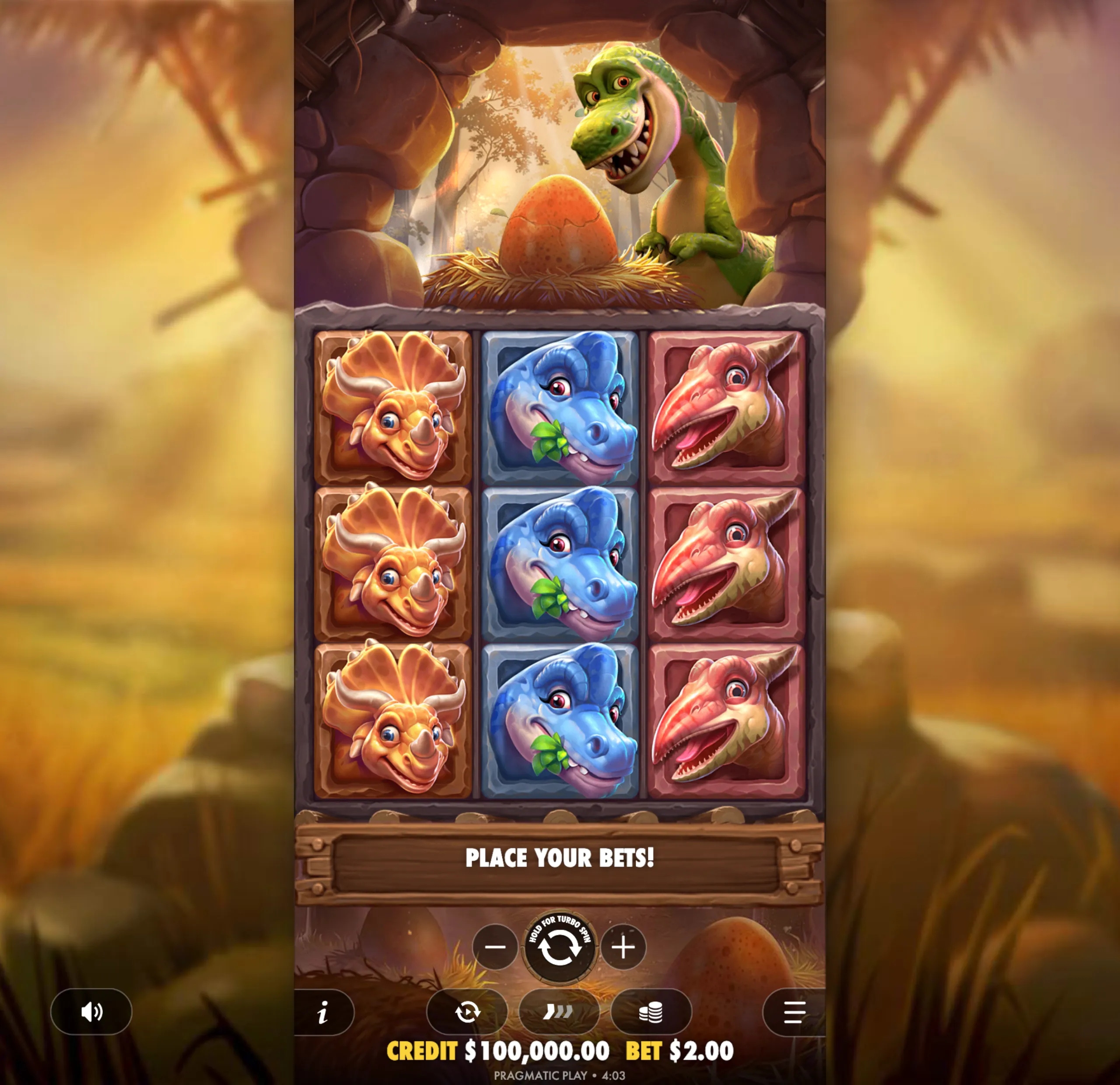 A colorful dinosaur-themed slot game interface featuring cartoonish dinosaur characters, a large dinosaur egg in a nest, and a lush prehistoric forest background.