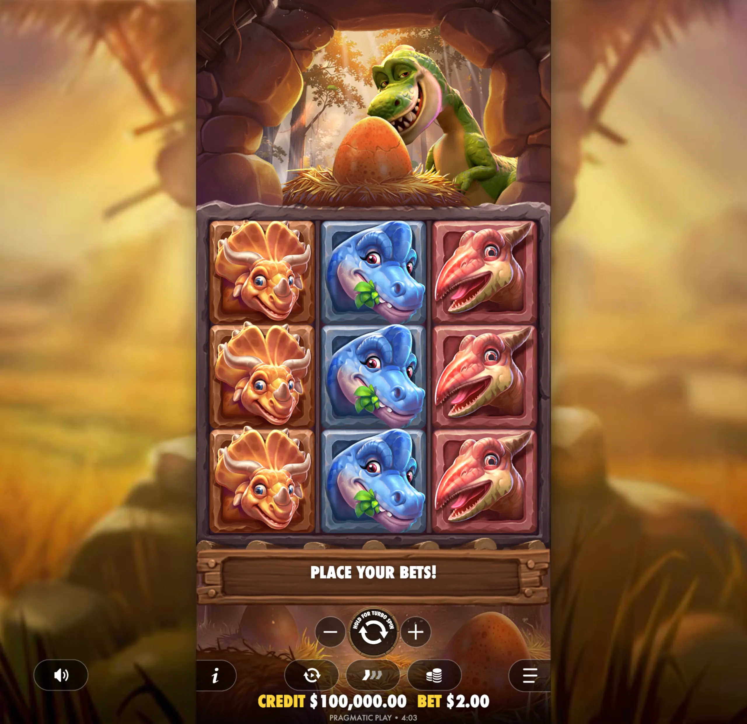 A colorful slot game interface featuring cartoonish dinosaur symbols, a large dinosaur egg in a nest, and a smiling green dinosaur in a stone cave setting.