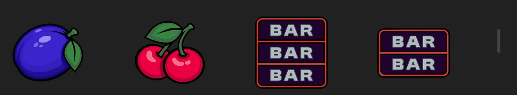 Classic slot symbols featuring a purple plum, paired red cherries, and stacked BAR icons on a dark reel backdrop.